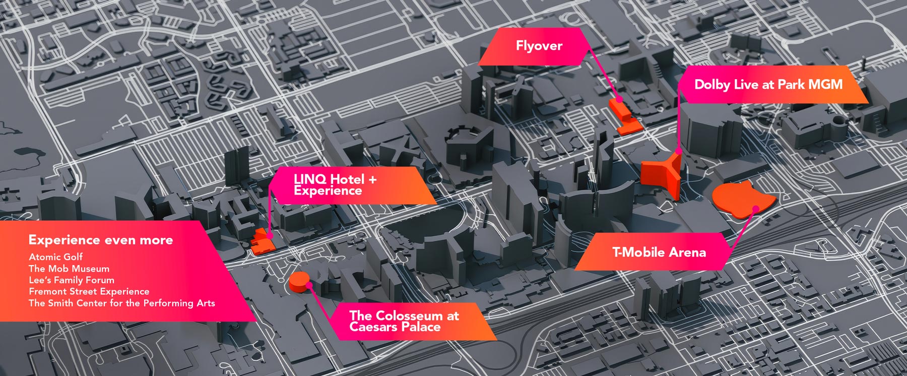 Street map of Las Vegas with buildings highlighted in orange.