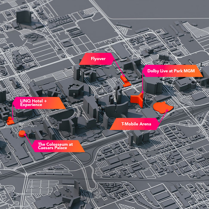 Street map of Las Vegas with buildings highlighted in orange.