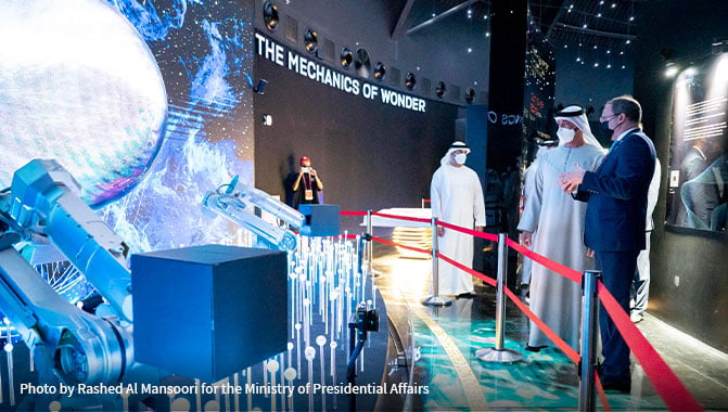 Al Nahyan, Crown Prince of Abu Dhabi and Deputy Supreme Commander of the UAE Armed Forces visit the Russia Pavilion at Expo 2020. 