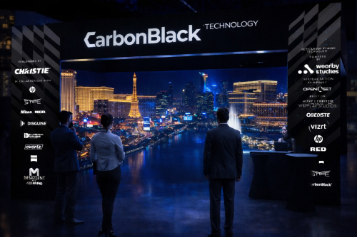 Carbon Black Technology's Virtual Production booth showing a bird's eye-view of the Paris skyline.
