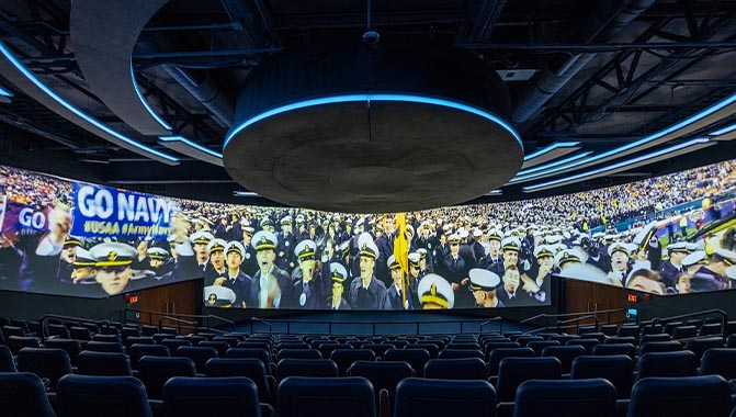 The new Akerson Theater, a 180-degree immersive theater that uses a suite of Christie® products, including HS Series projectors, Spyder X20, Mystique™  and Pandoras Box
