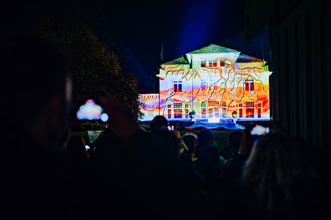 A crowd in the foreground and a house in the background with images of tree roots and swirls of orange, red, and purple projected onto it.