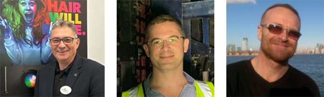 Three headshot. L-R: Headshot of a man in front of a post for Christie RGB pure laser projection, A headshot of a man wearing a safety vest and glasses, Headshot of a man wearing sunglasses