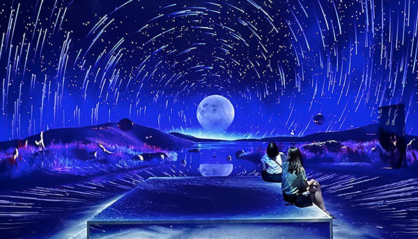Walls, floor, and ceiling of a large room are projection mapped with an image of the night sky, stars, and moon. 