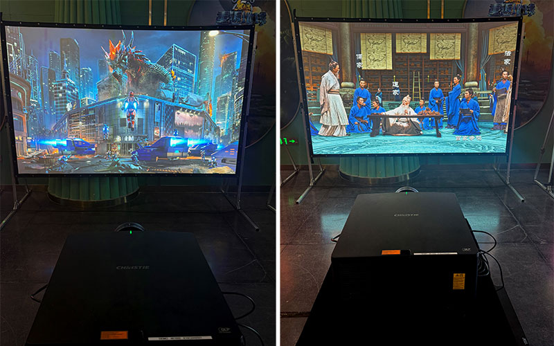 A 1DLP projector illuminates a projection screen.