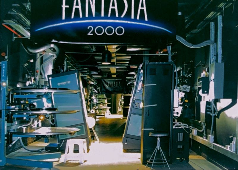 Large 35mm cinema projectors in a multiplex.